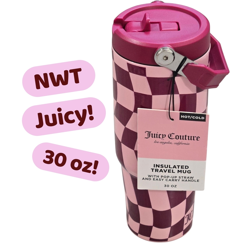 Juicy Couture Pink Checkered Travel Mug, Insulated 30oz With Handle